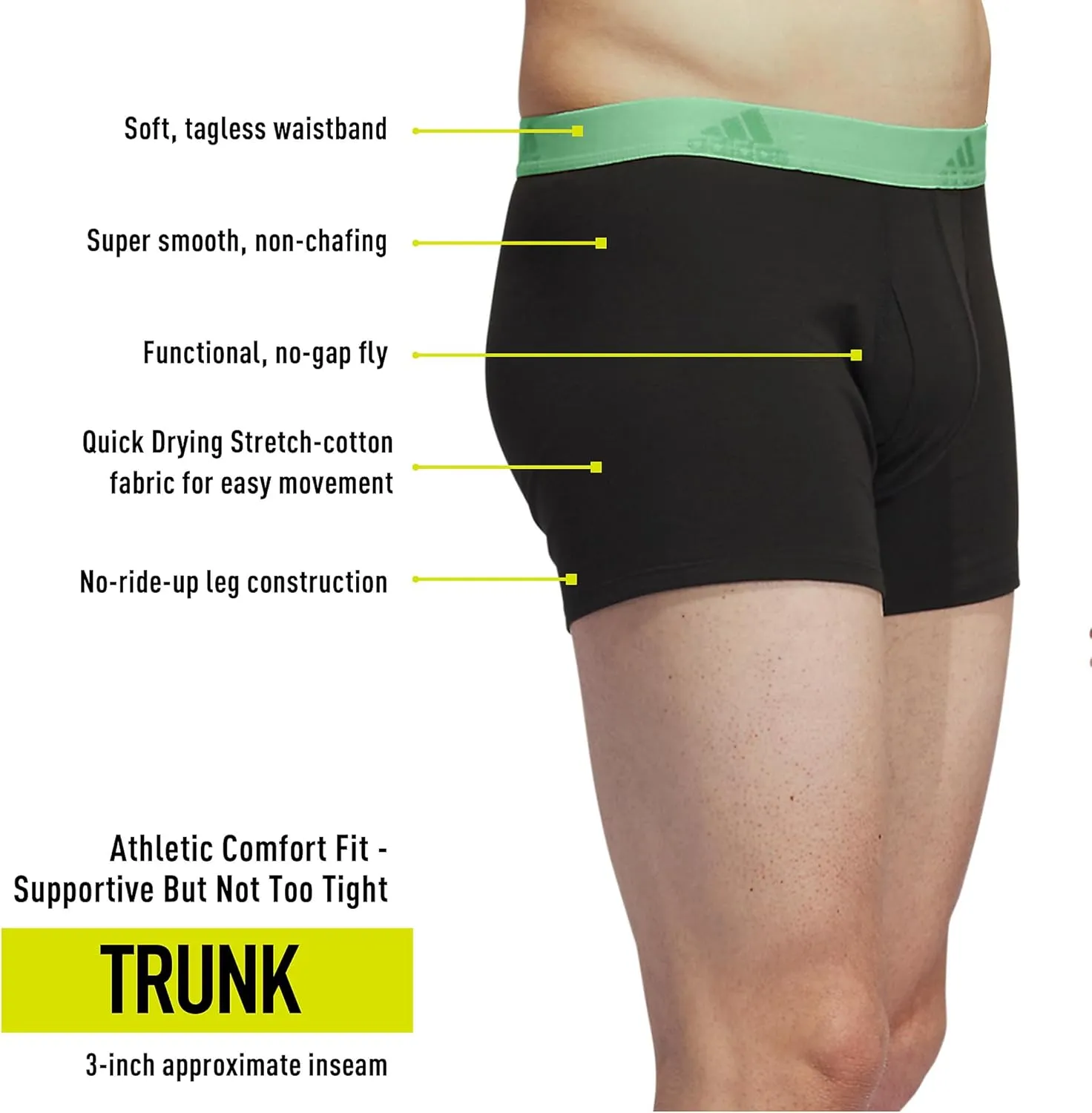 adidas Men's Performance Stretch Cotton Trunk Underwear (3-Pack) Designed for Active Comfort and All Day Wear