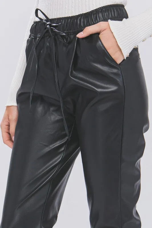 Black PU Faux Leather Jogger Pants