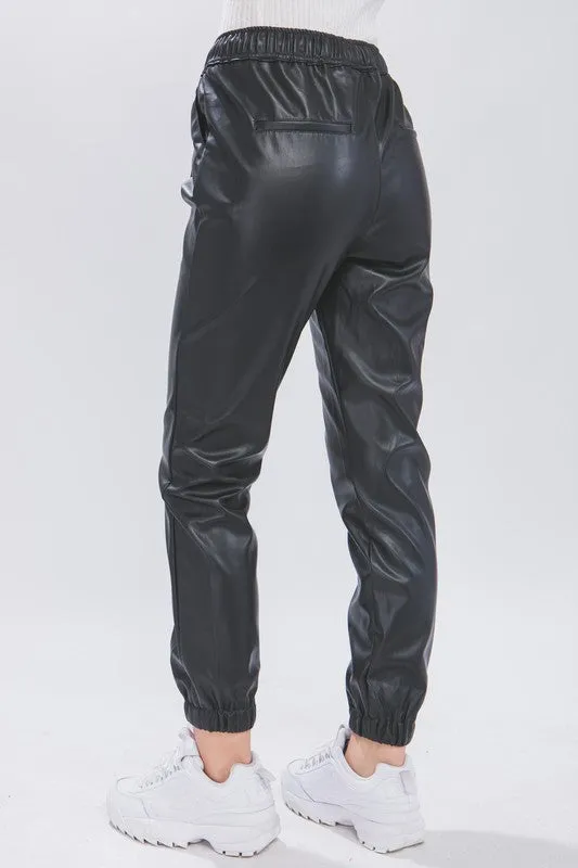 Black PU Faux Leather Jogger Pants