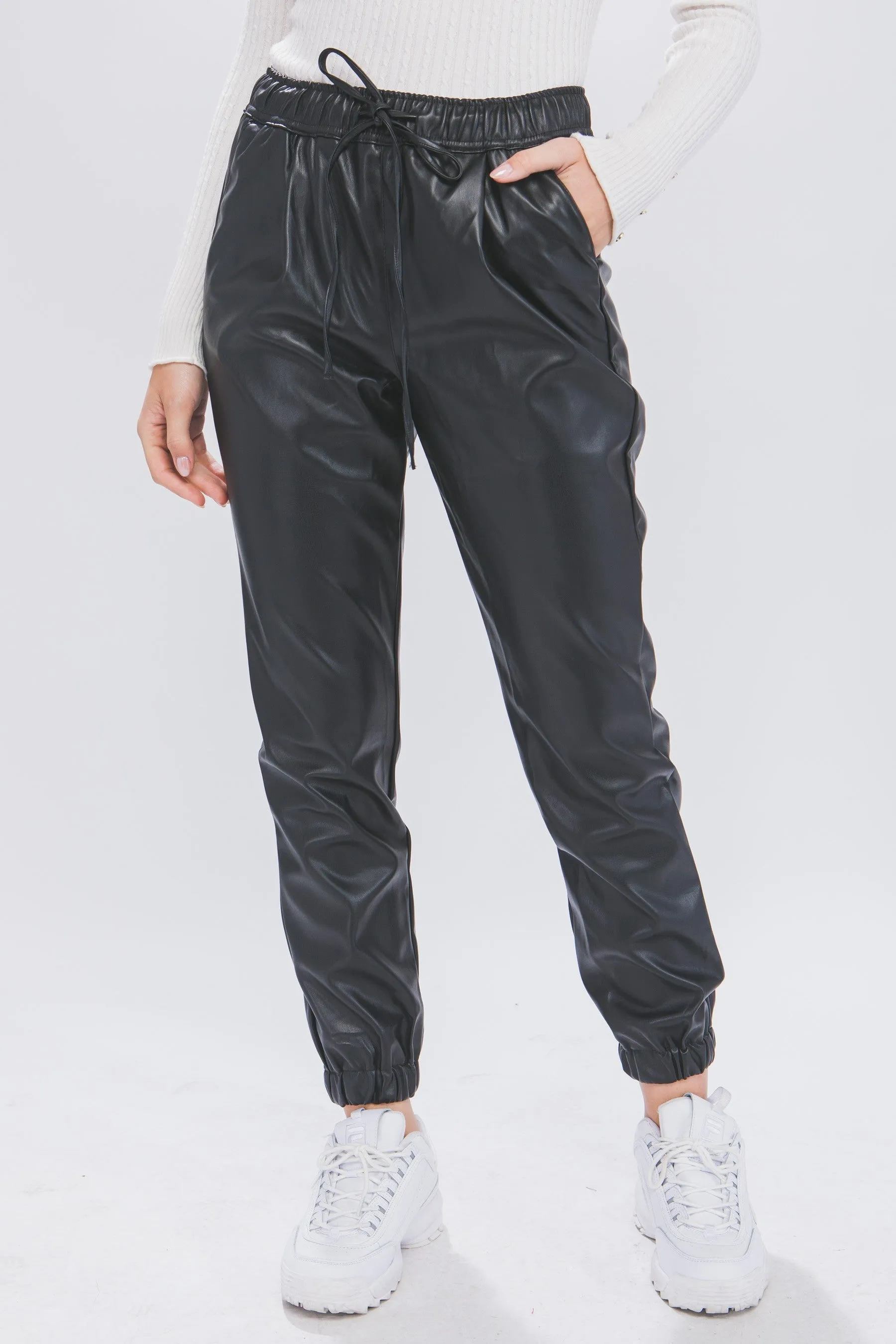 Black PU Faux Leather Jogger Pants