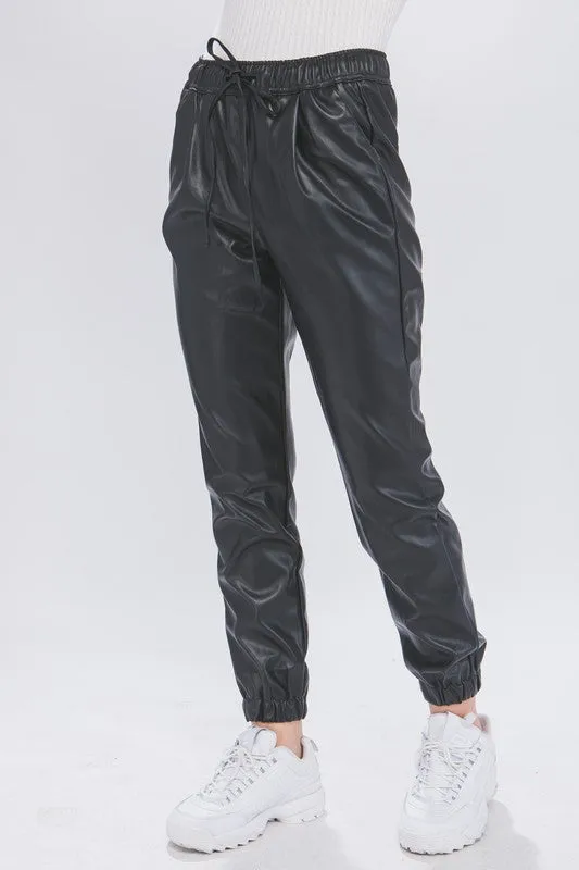 Black PU Faux Leather Jogger Pants